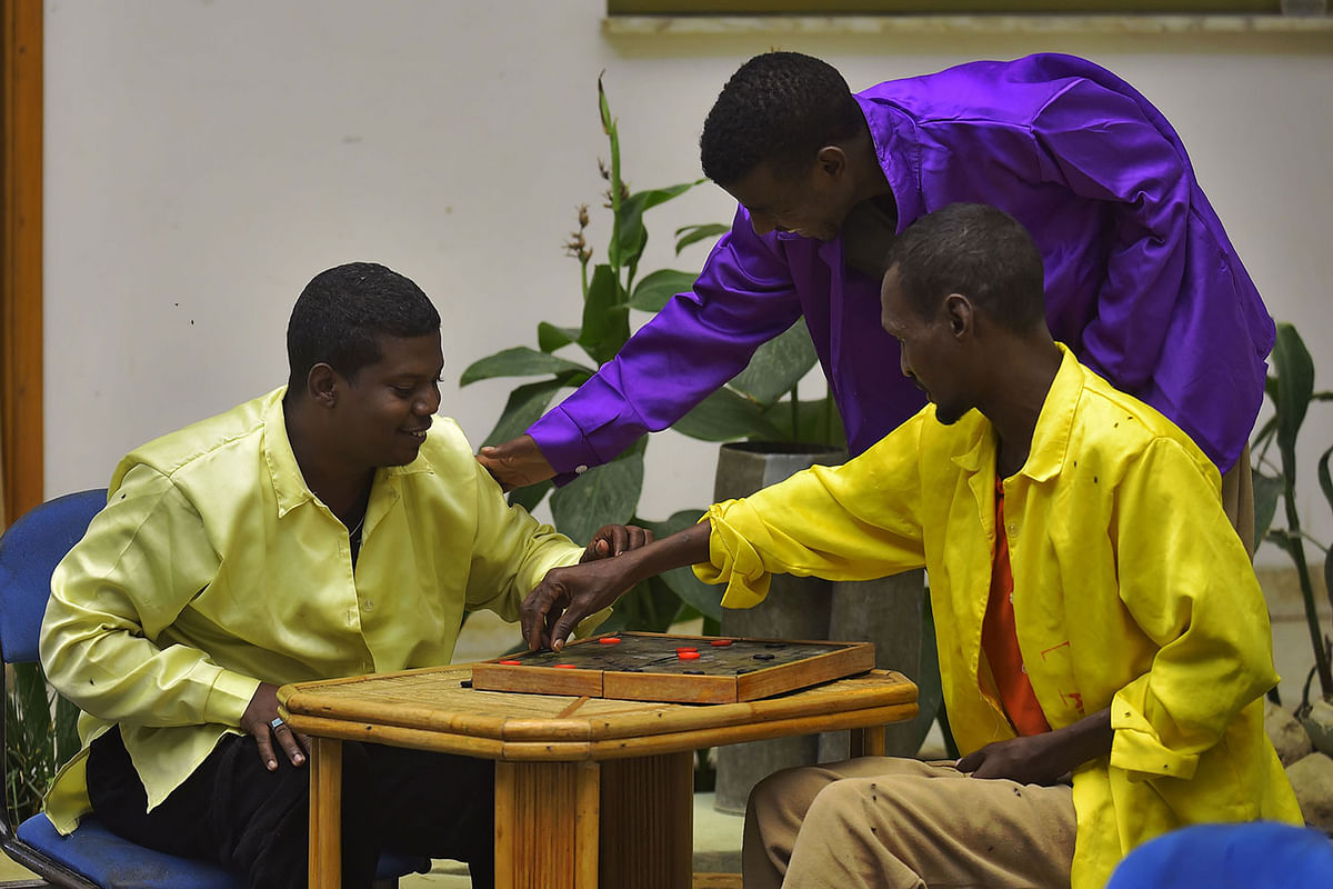 Patients undergoing rehabilitation from subtance addiction engage in recreational activities at the Substance Rehabilitation Centre, the only facility in Ethiopia that offers long-term drug and alcohol addiction treatment, in Mekele on4 July 2019.