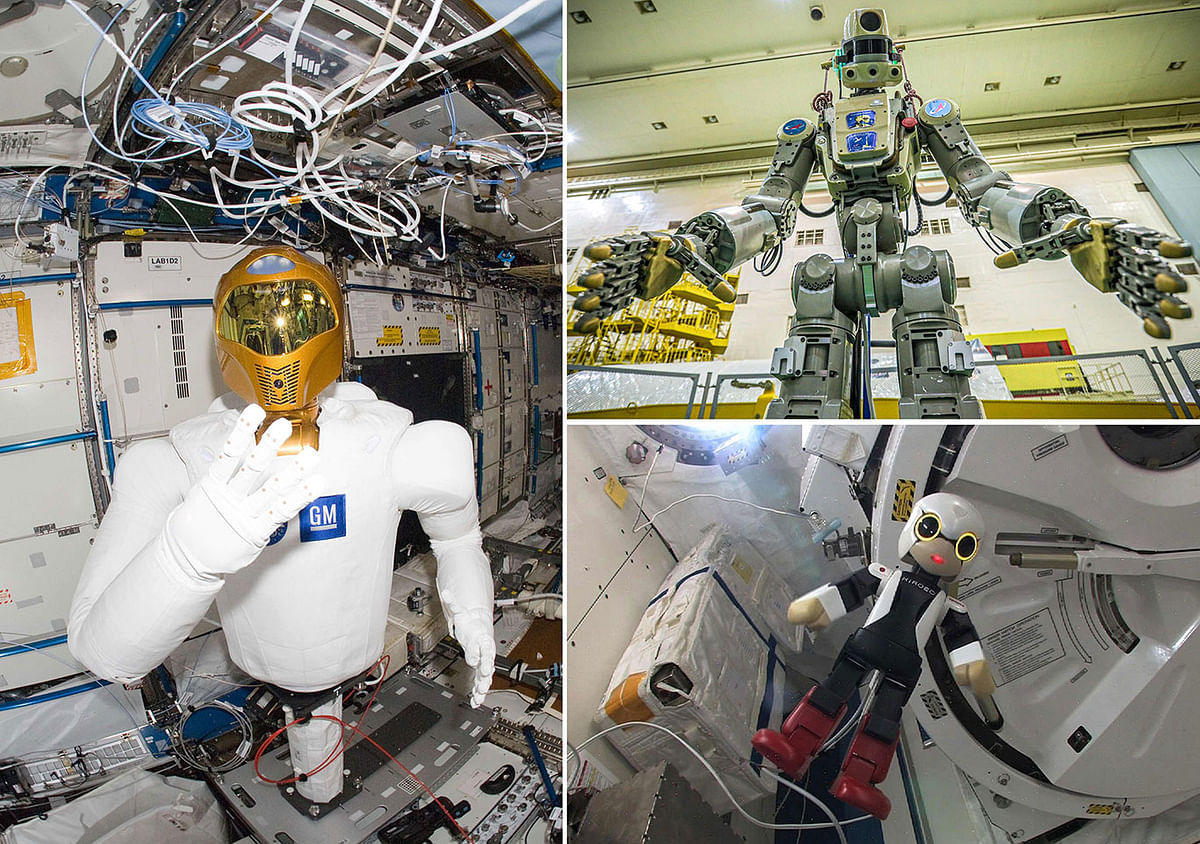A combination of file photographs shows : (L) a handout provided by NASA on 13 March 2012 showing an image of the Robonaut 2 humanoid robot during a system checkout in the Destiny laboratory of the International Space Station (ISS), (top R) a handout picture taken on 26 July 2019 and released by the official website of the Russian State Space Corporation ROSCOSMOS on 21 August 2019 showing the Russian humanoid robot Skybot F-850, Fedor, being tested ahead of its flight on board Soyuz MS-14 spacecraft at the Baikonur Cosmodrome in Kazakhstan, and (down R) a handout picture received from KIBO ROBOT PROJECT on 6 November 2013 showing a humanoid robot Kirobo in the International Space Station (ISS). Photo: AFP