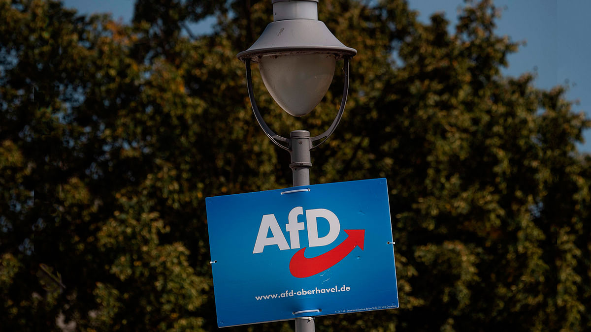 An election campaign poster from the far-right Alernative fuer Deutschland (AfD) is seen in Zehdenick in the federal state of Brandenburg, eastern Germany, on 28 August ahead of state elections. Photo: AFP