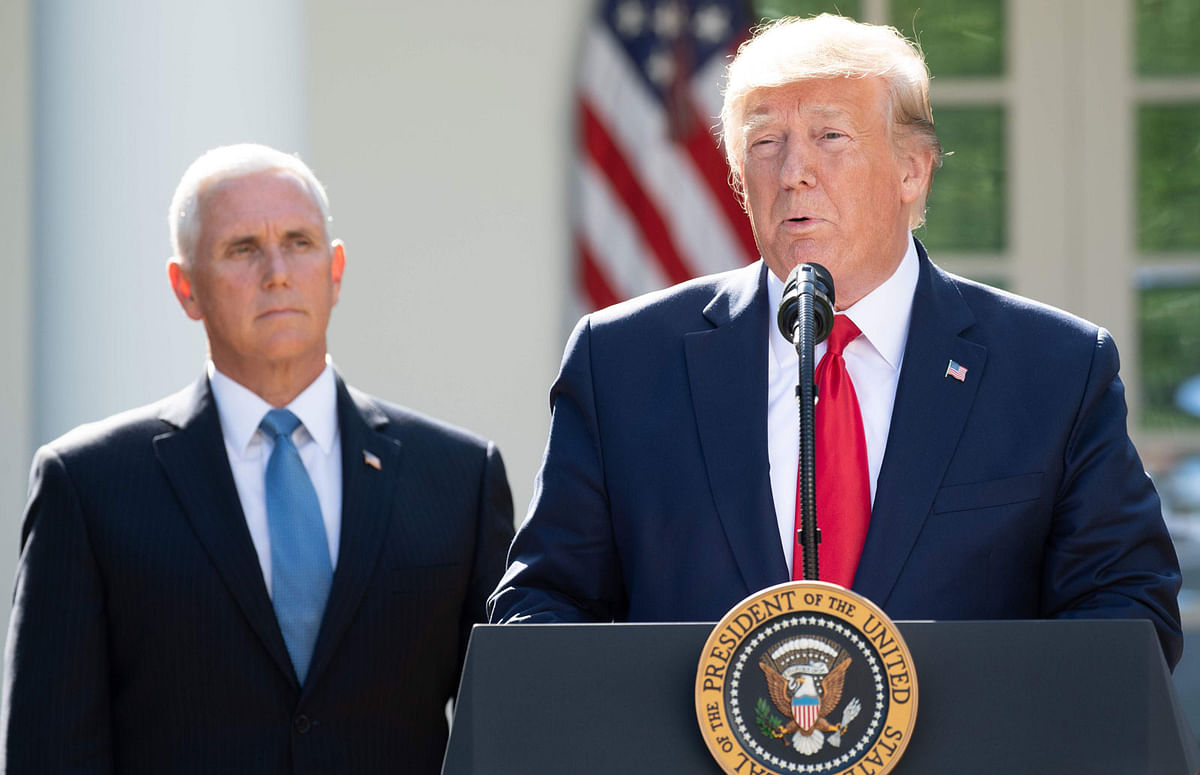 US president Donald Trump speaks alongside US vice president Mike Pence during an event establishing the US Space Command in the Rose Garden of the White House in Washington, DC on 29 August. Photo: AFP