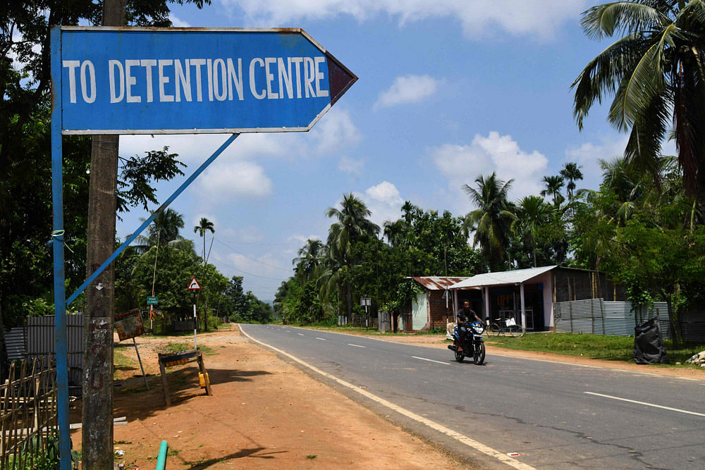 This photo taken on 29 August 2019, shows a road sign for a new detention centre being built for people who are not included in a `citizens register` in Kadamtola Gopalpur village, in Goalpara district, some 170km from Guwahati, the capital city of India’s northeastern state of Assam. Photo: AFP