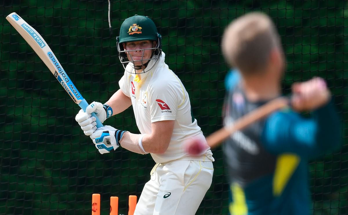 Australia`s Steve Smith bats in the nets after getting out on day two of the three-day friendly cricket match between Derbyshire and Australia at the County Ground in Derby, central England on 30 August 2019. Photo: AFP