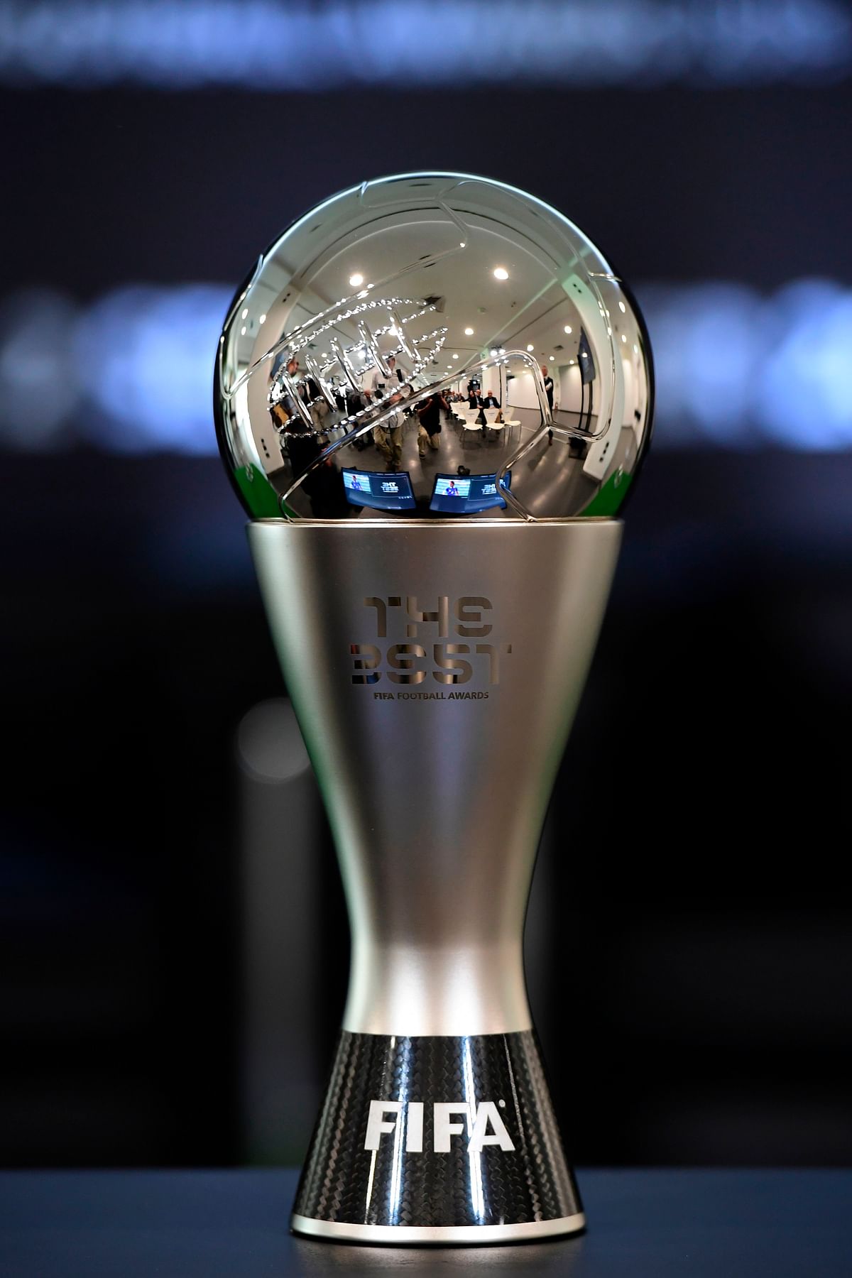 The Best Fifa Football Award cup is pictured prior to a press conference unveiling the finalists for the upcoming The Best Fifa Football Awards, on Monday. Photo: AFP