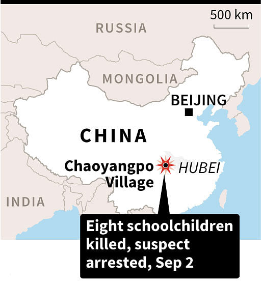 Map locating Chaoyangpo Village in China`s Hubei province where eight schoolchildren were killed on Monday. Photo: AFP