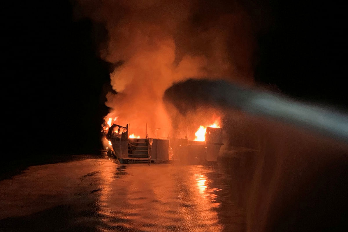 Ventura County Fire Department personnel respond to a boat fire on a 75-foot (23-meter) vessel off Santa Cruz Island, California, US, on 2 September 2019. Photo: AFP