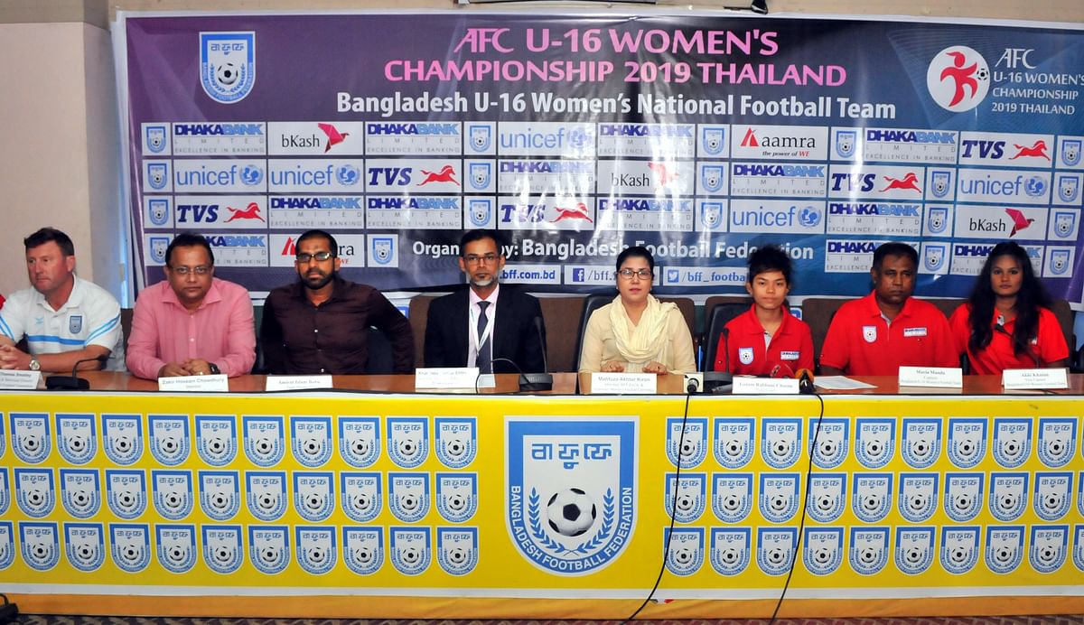 Bangladesh Football Federation officials address a pre-tour press conference at BFF House in Motijheel, Dhaka on Tuesday. Photo: UNB
