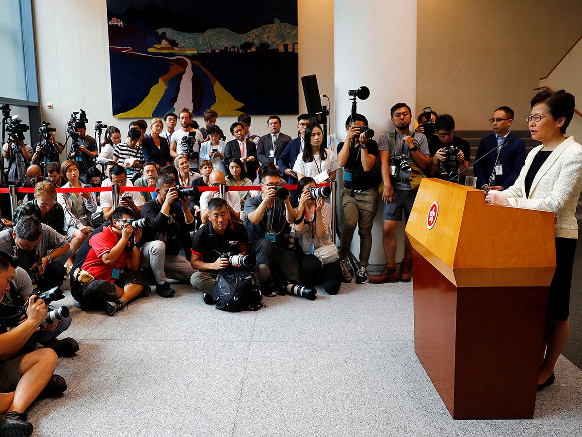 Hong Kong`s chief executive Carrie Lam holds a news conference in Hong Kong, China on 3 September. Photo: Reuters