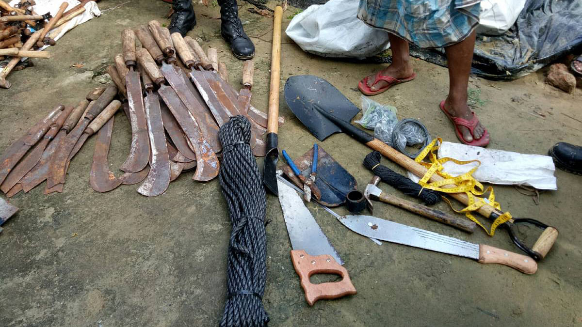 Weapons seized from the warehouse of Shed, an NGO, in Ukhiya upazila of Cox’s Bazar on Thursday night. Photo: UNB