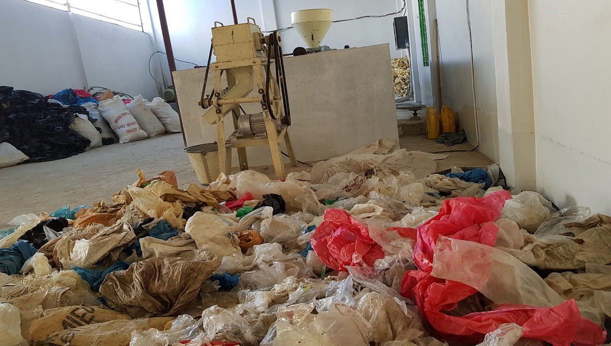 Piles of polythene bags brought to the plant for recycling. Photo: UNB