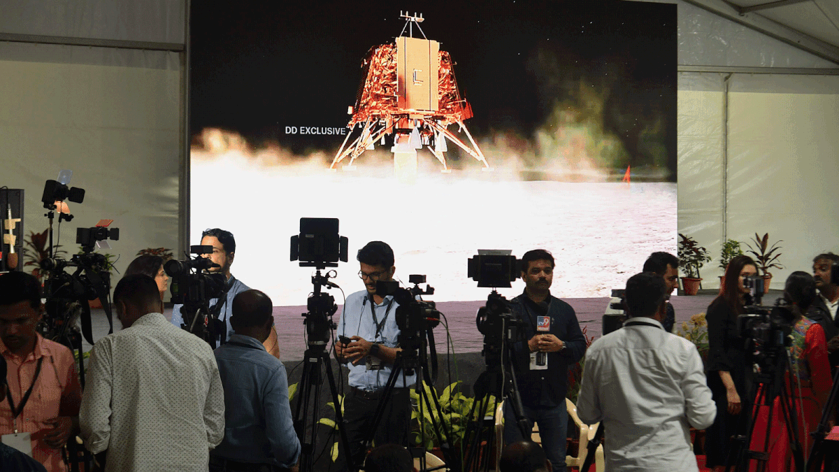 Members of the India media cover the developments at ISRO Telemetry Tracking and Command Network (ISTRAC) facility in Bangalore, on 6 September 2019, as the countdown for the soft-landing of ‘Vikram’ lander of Chandrayaan-2, on the surface of the moon is expected to happen in the early hours of September. Photo: AFP