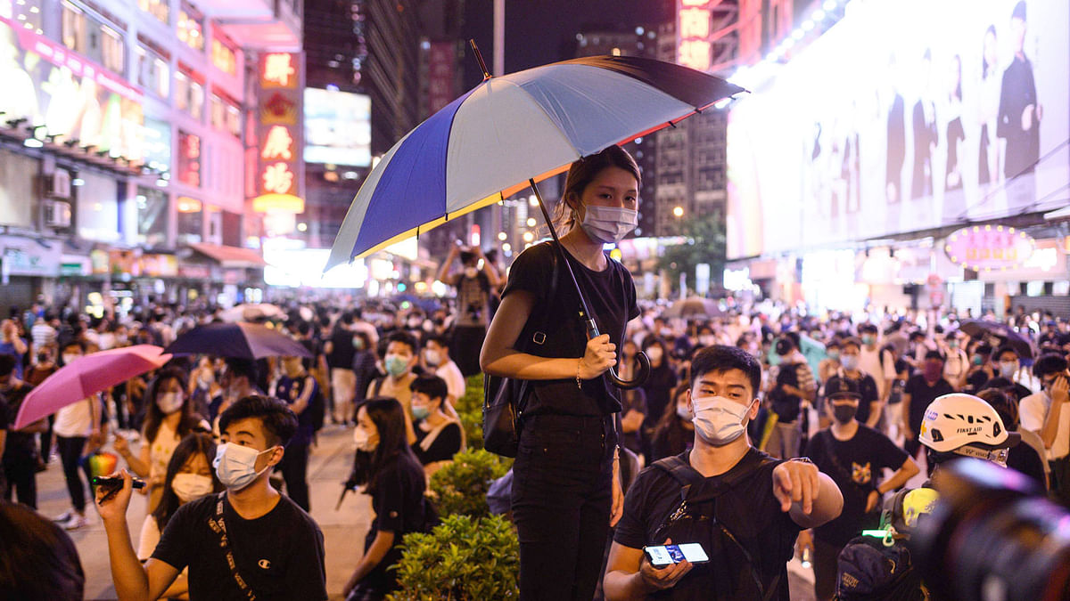 Protesters gather outside Prince Edward MTR station in Hong Kong on Saturday. Photo: AFP