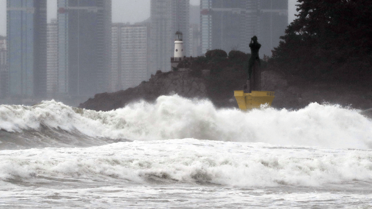 High waves batter a beach in the southern port city of Busan on 7 September 2019 as Typhoon Lingling approaches the Korean peninsula. Photo: AFP