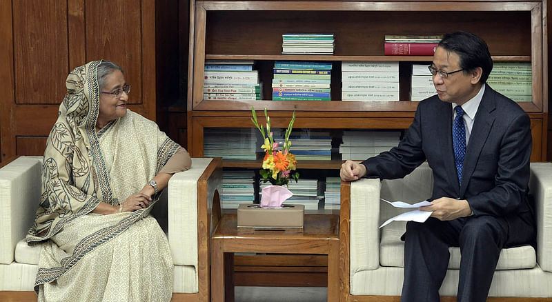 Outgoing Japanese ambassador Hiroyasu Izumi meets prime minister Sheikh Hasina at her Sangsad Bahban office on Monday. Photo: PID