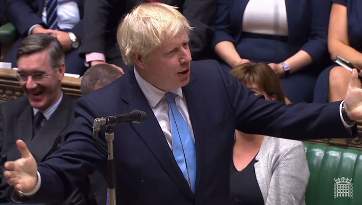 A video grab from footage broadcast by the UK Parliament`s Parliamentary Recording Unit (PRU) shows Britain`s Prime Minister Boris Johnson speaking to introduce his motion for an early general election in the House of Commons in London on Monday. Photo: AFP