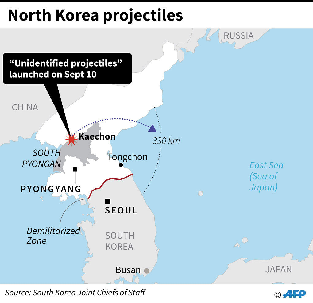Map showing North Korea where `unidentifiable projectiles` were launched Tuesday