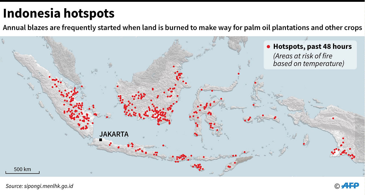 Map showing Indonesia where areas at risks of fires has soared as hotspots showed Tuesday. Photo: AFP