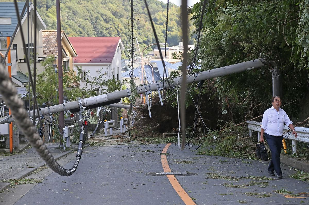 A man walks past a fallen utility pole downed by winds caused by Typhoon Faxai in Kamakura, Kanagawa prefecture on 9 September 2019. The powerful typhoon that battered Tokyo overnight with ferocious winds killed two people, police said on 9 September as halted trains caused commuter chaos and more than 100 flights were cancelled. Photo: AFP