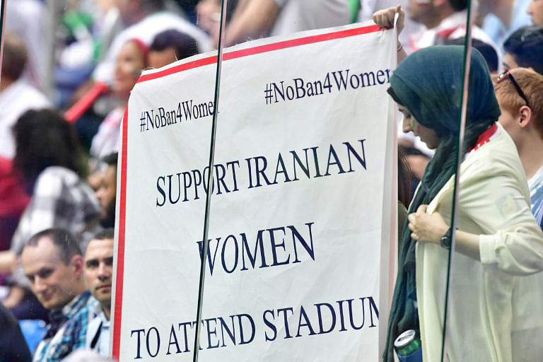 Iranian fans protested the ban on female supporters at football games in the country during last year`s World Cup in Russia. AFP file photo
