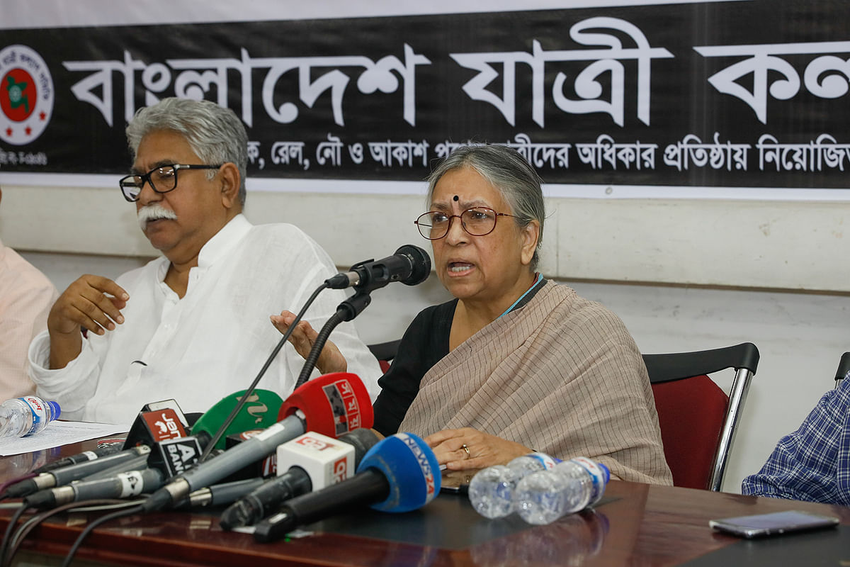 Transparency International Bangladesh trustee board chairman Sultana Kamal speaks at a programme of Bangladesh Jatri Kalyan Samiti at the National Press Club on Friday. Photo: Ashraful Alam