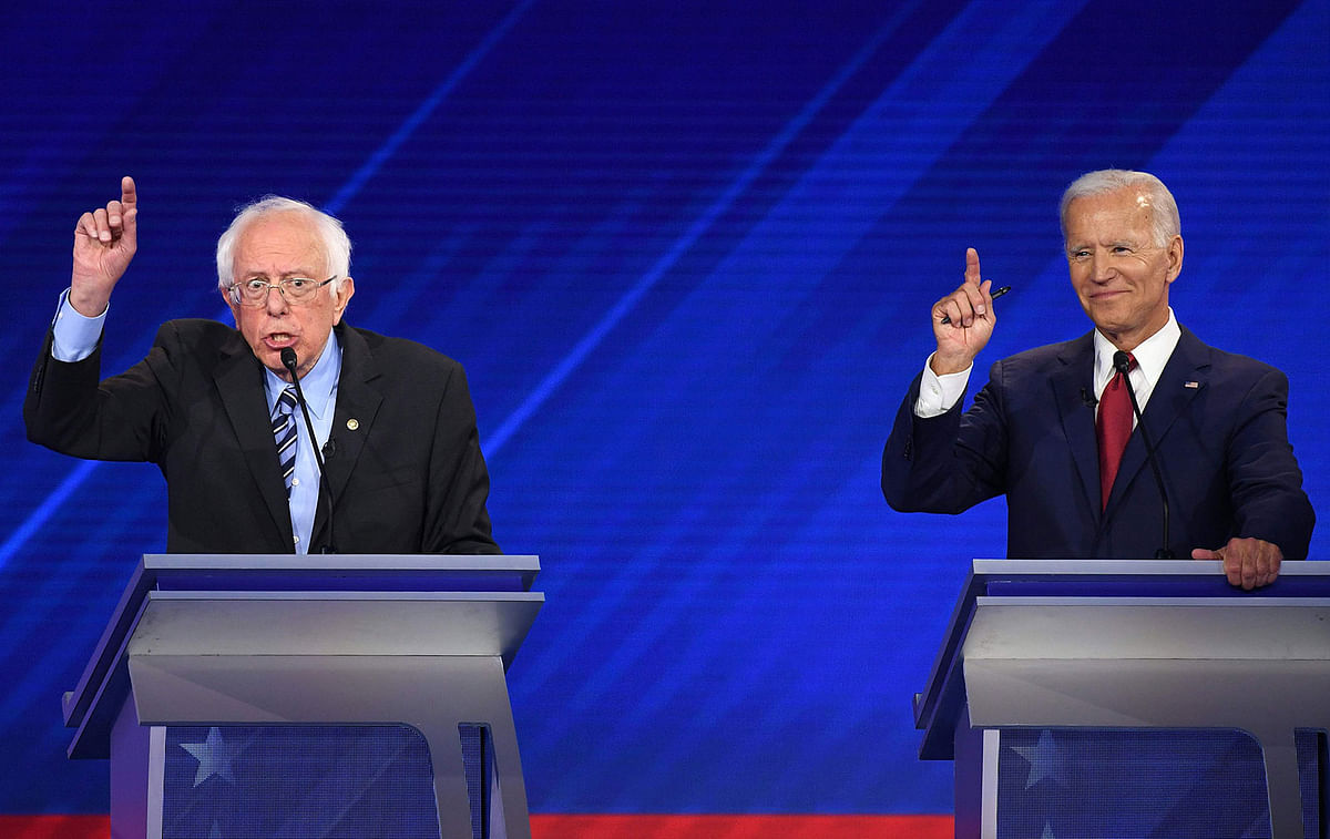 Democratic presidential hopefuls Senator of Vermont Bernie Sanders (R) and Former vice president Joe Biden (R) participate during the third Democratic primary debate of the 2020 presidential campaign season hosted by ABC News in partnership with Univision at Texas Southern University in Houston, Texas on 12 September. Photo: AFP