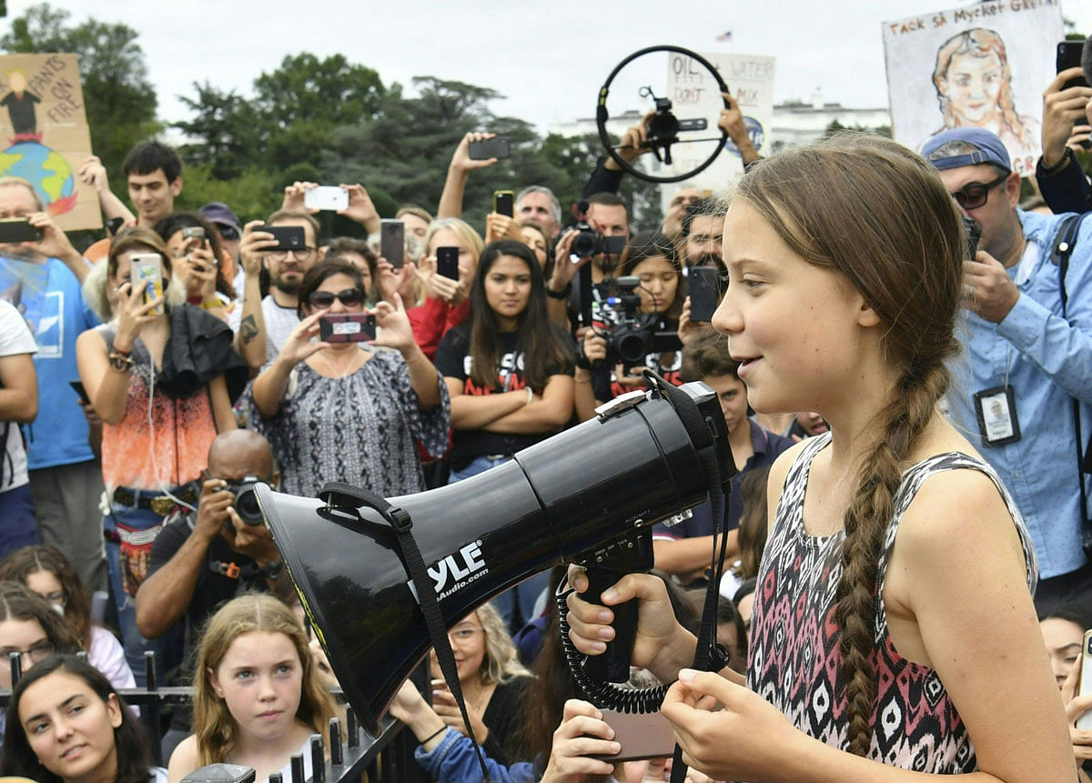 Swedish environment activist Greta Thunberg speaks at a climate protest outside the White House in Washington, DC on 13 September 2019. Photo: AFP