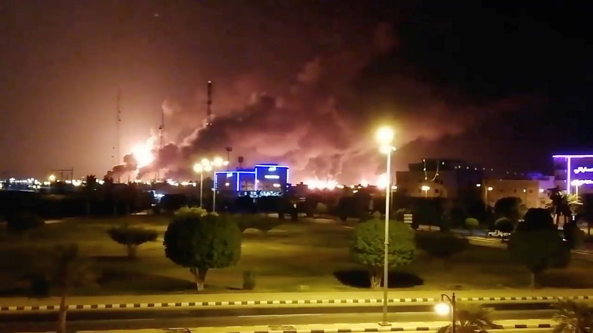 Smoke is seen following a fire at an Aramco factory in Abqaiq, Saudi Arabia on 14 September in this picture obtained from social media. Photo: Reuters