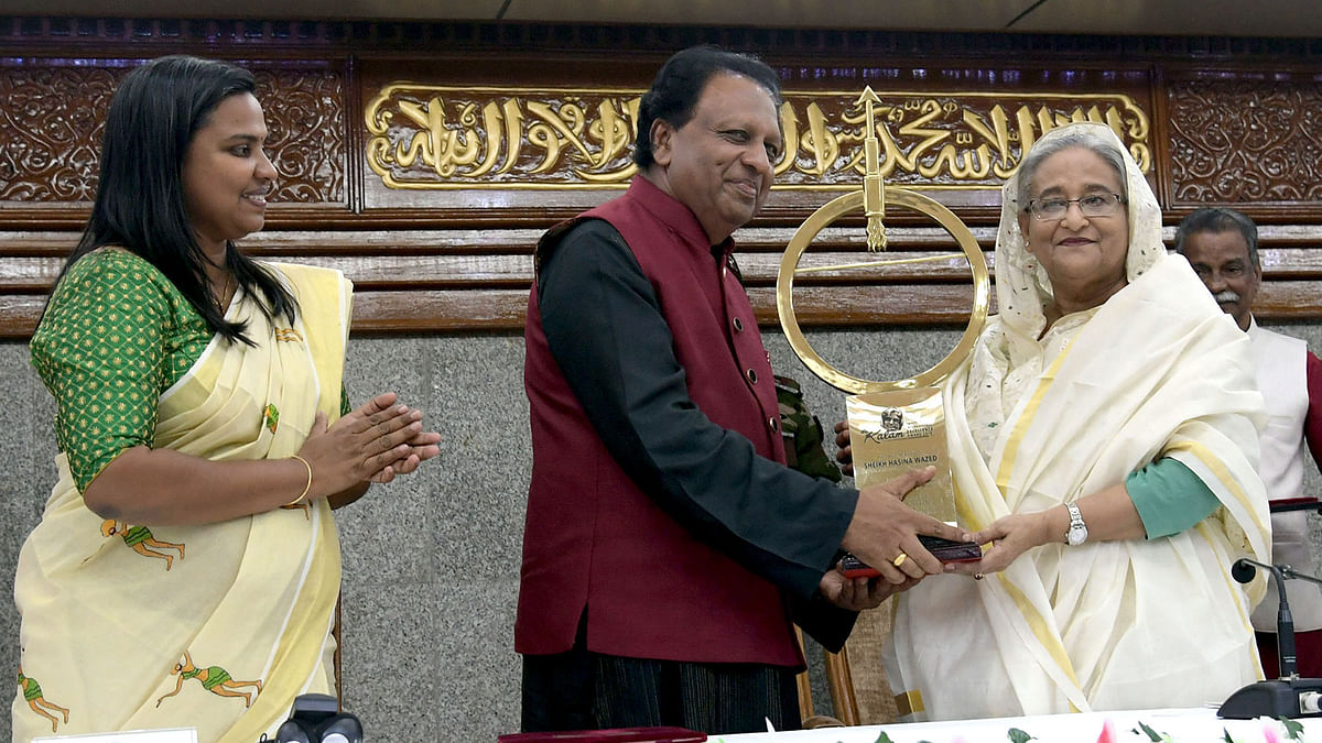 Prime minister Sheikh Hasina receives Dr Kalam Smriti International Excellence Awards-2019 at a ceremony at the prime minister`s office on Monday. Photo: PID