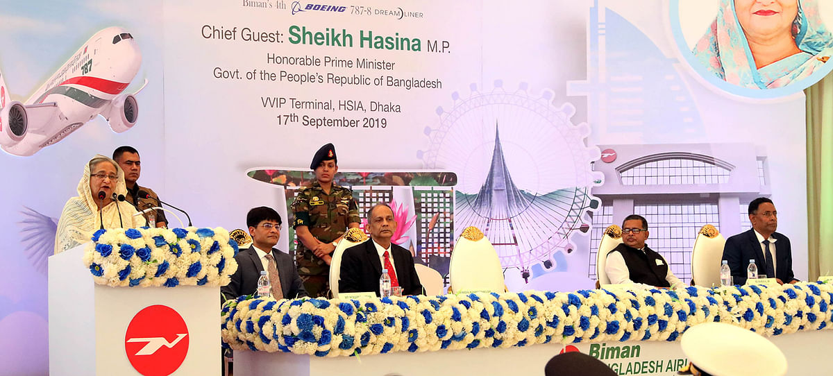 Prime minister Sheikh Hasina addresses the inauguration programme of Bangladesh Biman’s fourth Dreamliner, ‘Rajhangsa’, at the VVIP Tarmac of HSIA , Dhaka on Tuesday afternoon. Photo: PID