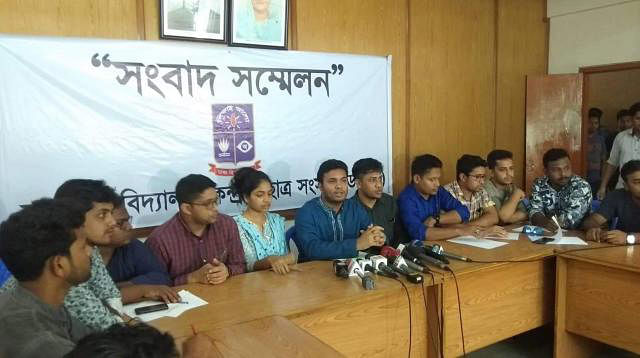Bangladesh Chhatra League leaders who won the DUCSU (Dhaka University Central Students’ Union) elections organise a press conference at DUCSU conference room on Tuesday. Photo: Prothom Alo