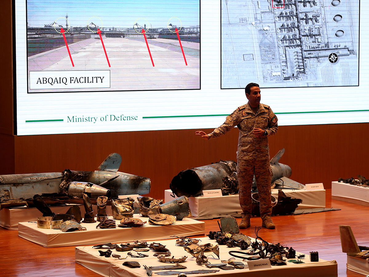 Saudi defence ministry spokesman Colonel Turki Al-Malik displays remains of the missiles which Saudi government says were used to attack an Aramco oil facility, during a news conference in Riyadh, Saudi Arabia on 18 September. Photo: Reuters