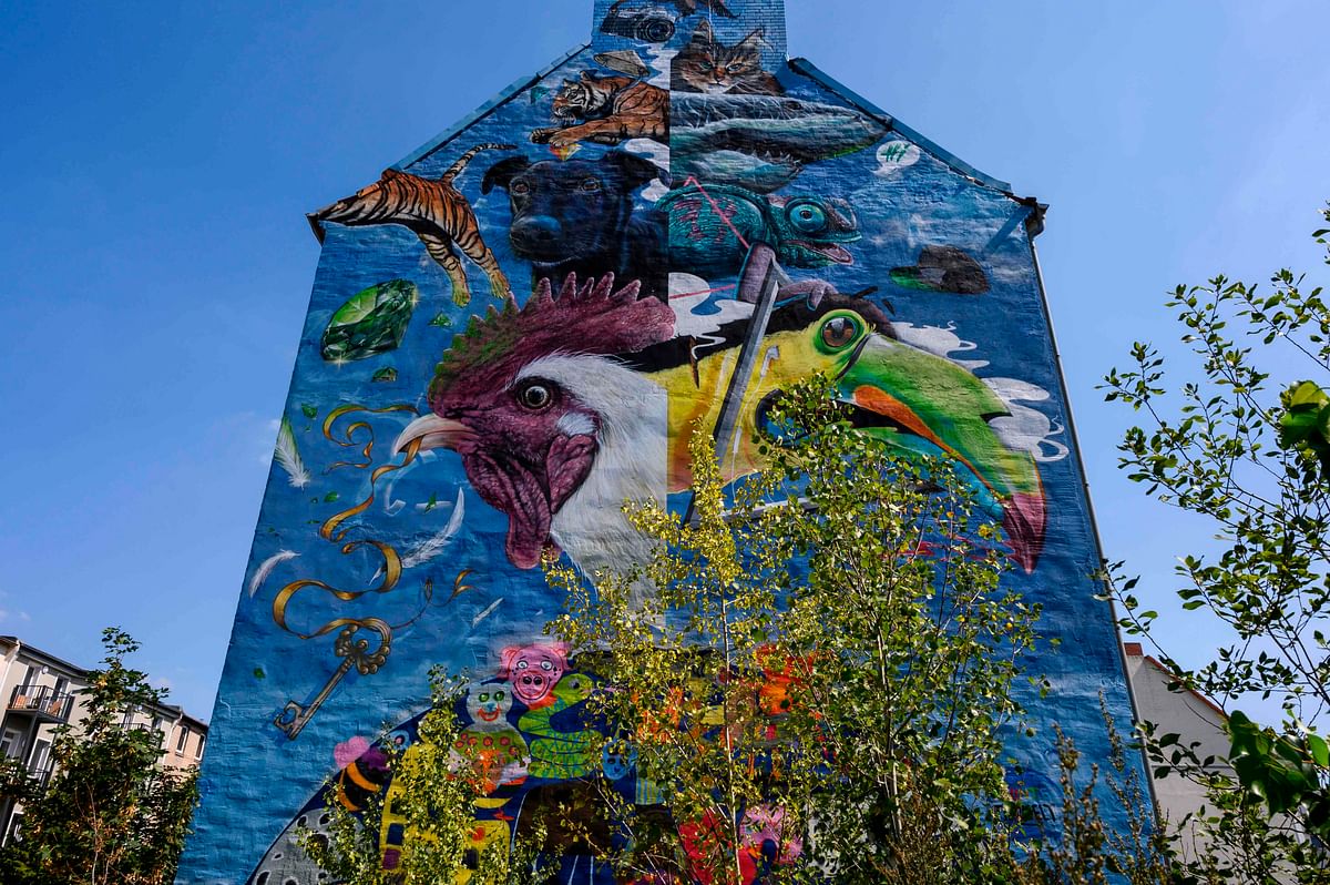 A mural by the urban art collective `Freiraumgalerie` decorates a building in Halle`s Freiimfeld neighbourhood on 22 August 2019. Photo: AFP
