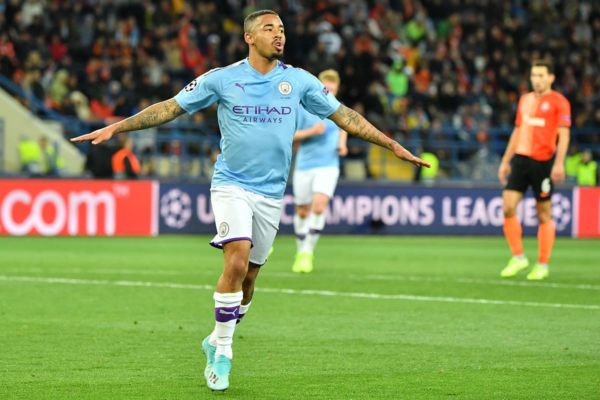 Manchester City`s Brazilian striker Gabriel Jesus celebrates after scoring a goal during the UEFA Champions League Group C football match between FC Shakhtar Donetsk and Manchester City FC at the OSK Metalist stadium in Kharkiv on Wednesday. Photo: AFP
