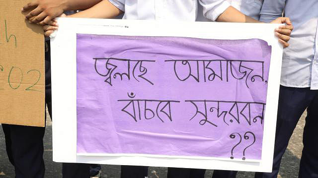 A placard with slogan ‘Amazon gutted, will Sundarbans survive?’ Photo: Abdus Salam