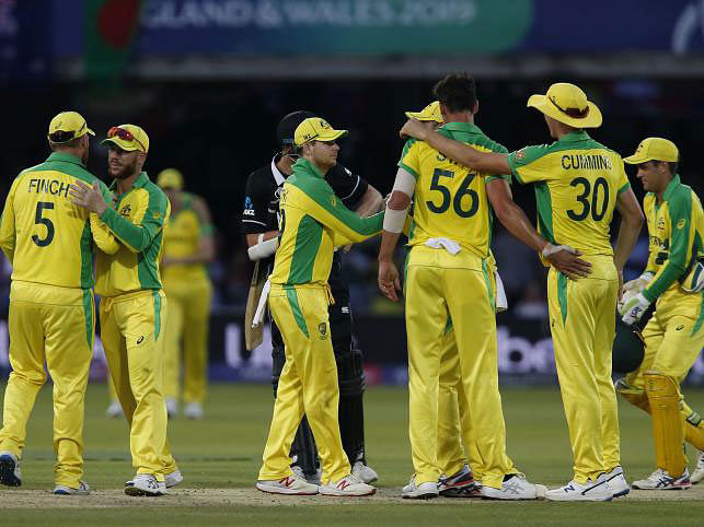 Australia celebrate victory at end of play of the 2019 Cricket World Cup group stage match between New Zealand and Australia at Lord`s Cricket Ground in London on 29 June 2019. Australia beat New Zealand by 86 runs. Photo: AFP