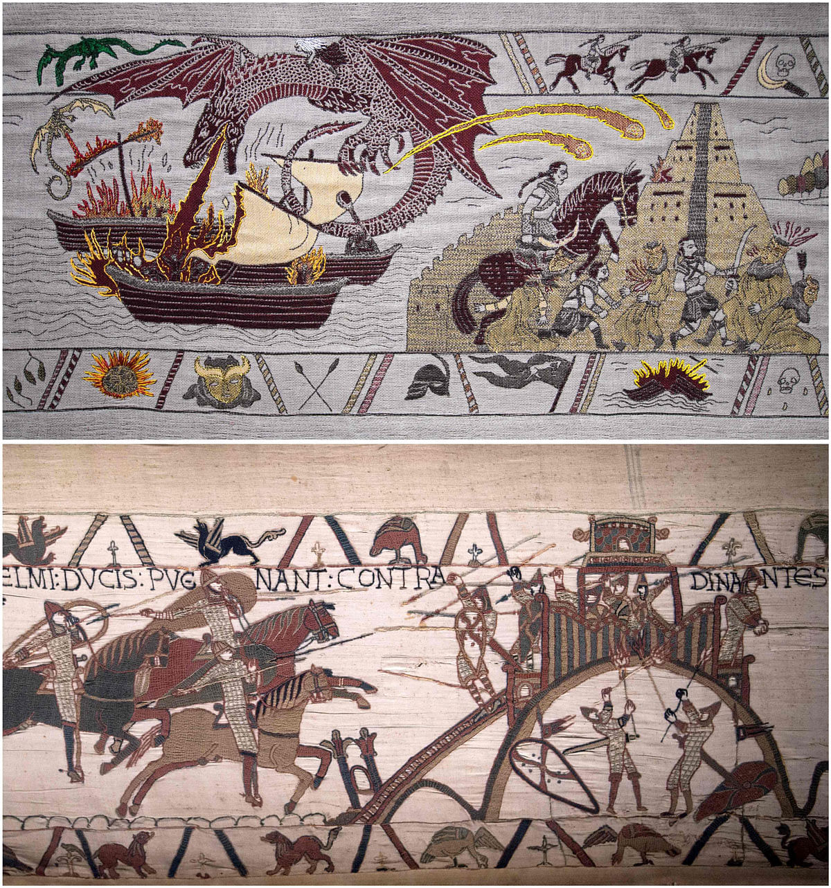 A combo shows a picture of a scene of the battle from the television series `Game of Thrones` in a 87 meters tapestry relating the 8 seasons of the US (top) and a part of the the `Bayeux tapestry` or `Queen Mathilde tapestry` which relate Britain`s conquest by William the Conqueror (Guillaume le Conquerant) in 1066 on 13 September 2019 in Bayeux. Photo: AFP