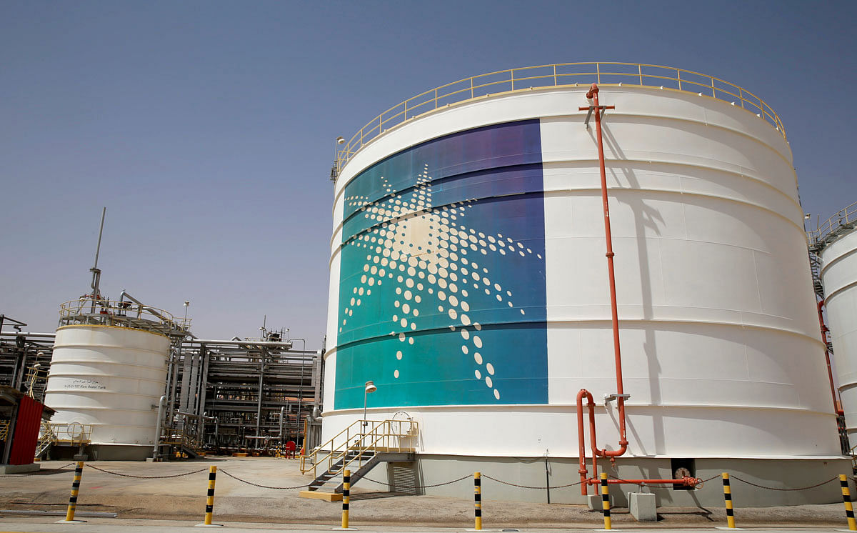 An Aramco oil tank is seen at the Production facility at Saudi Aramco`s Shaybah oilfield in the Empty Quarter. Photo: Reuters