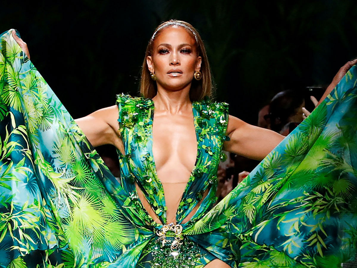 Jennifer Lopez presents a creation from the Versace Spring/Summer 2020 collection during fashion week in Milan, Italy on 20 September 2019. Photo: Reuters