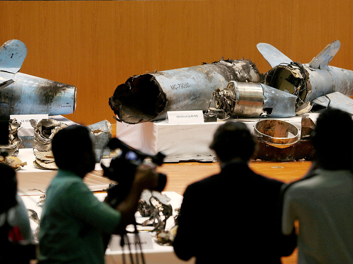Remains of the missiles which Saudi government says were used to attack an Aramco oil facility are displayed during a news conference in Riyadh, Saudi Arabia on 18 September. Photo: AFP