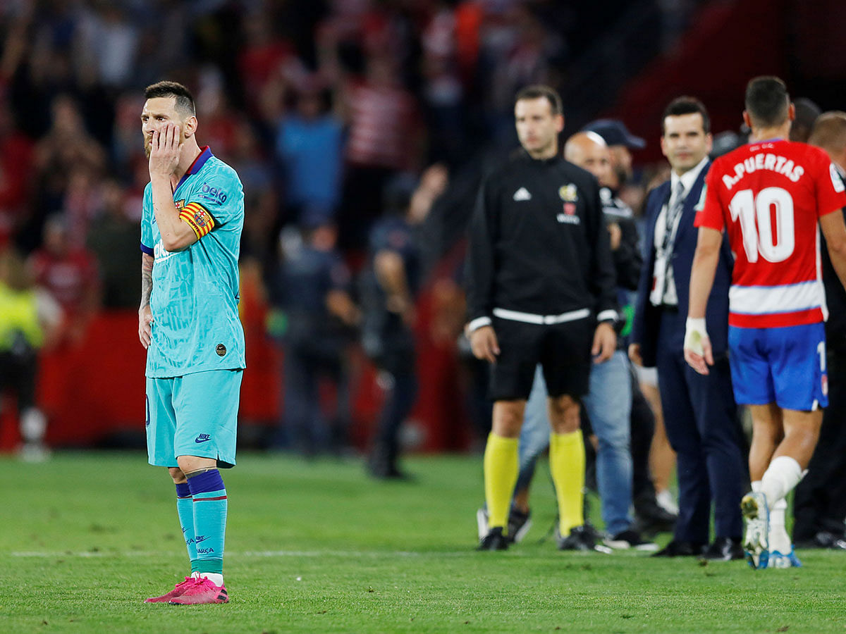 Barcelona`s Lionel Messi looks dejected after the La Liga match against Granada at Nuevo Estadio de Los Carmenes, Granada, Spain on 21 September 2019. Photo: Reuters