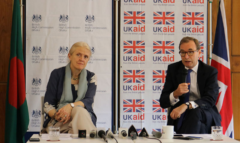 British high commissioner to Bangladesh Robert Chatterton Dickson and Head of DFID Bangladesh Judith Herbertson are seen at a media briefing at the residence of British high commissioner on Sunday, 22 September 2019 Photo: UNB