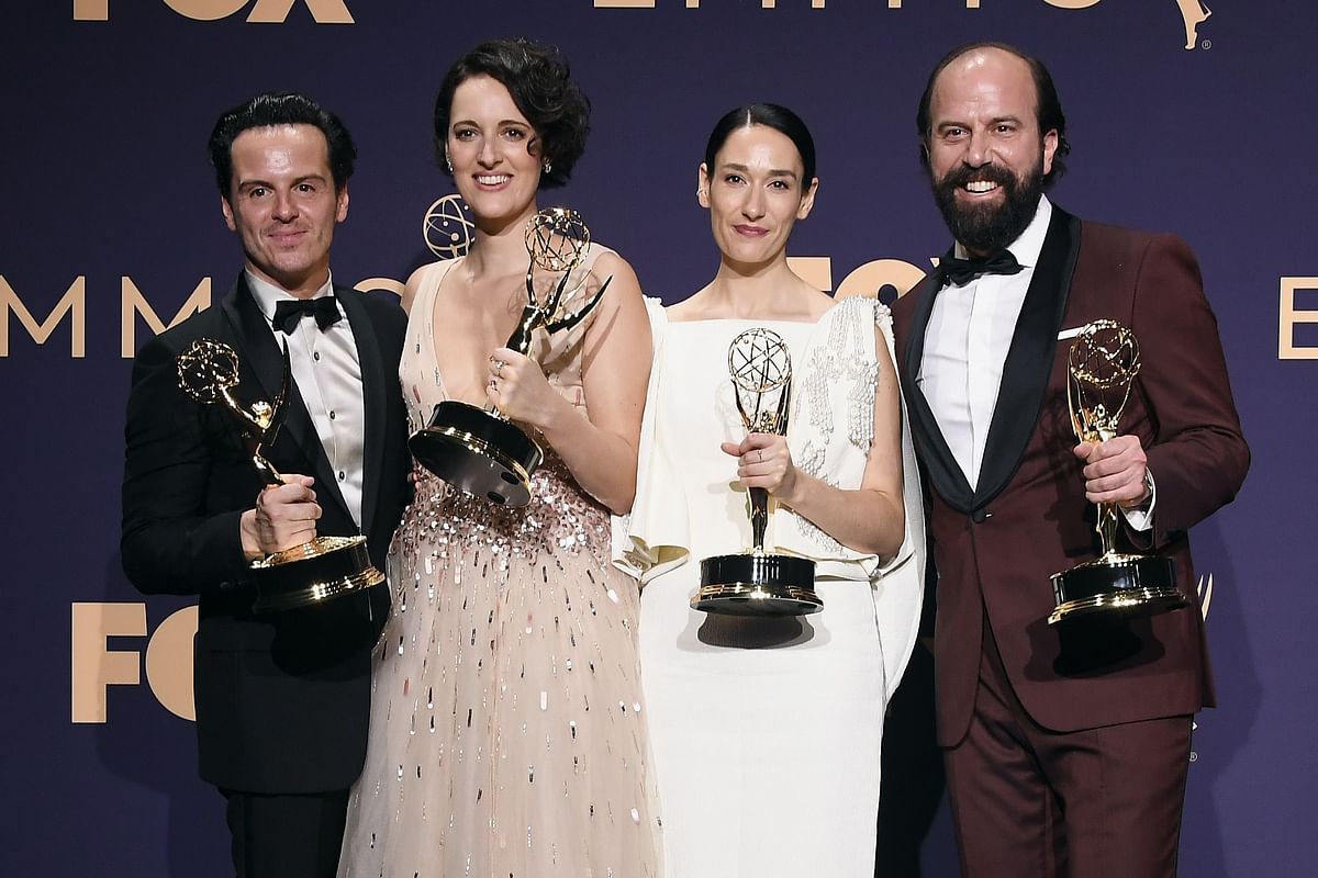 Andrew Scott, Phoebe Waller-Bridge, Sian Clifford, and Brett Gelman, winners of the Outstanding Comedy Series award for `Fleabag,` pose in the press room during the 71st Emmy Awards at Microsoft Theatre on 22 September, 2019 in Los Angeles, California. Photo: AFP