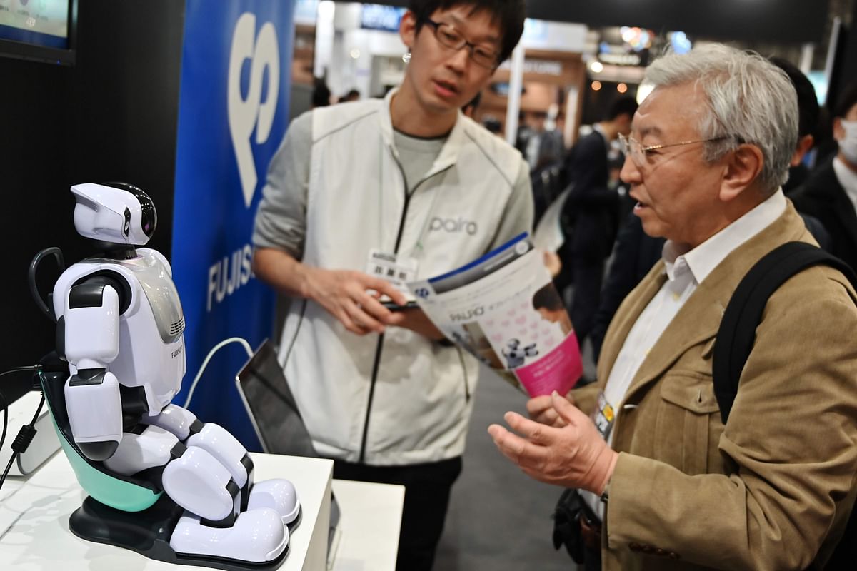 This photo taken on 5 April 2019 shows Palro, a robot developed by the Fujisoft company, on display during the Artificial Intelligence expo in Tokyo. Photo: AFP