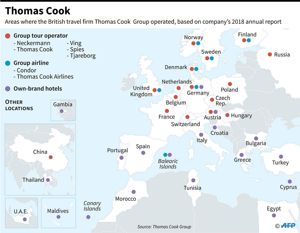 Map showing where British travel firm Thomas Cook and its subsidiaries operated, based on the company`s annual report in 2018. Photo: AFP