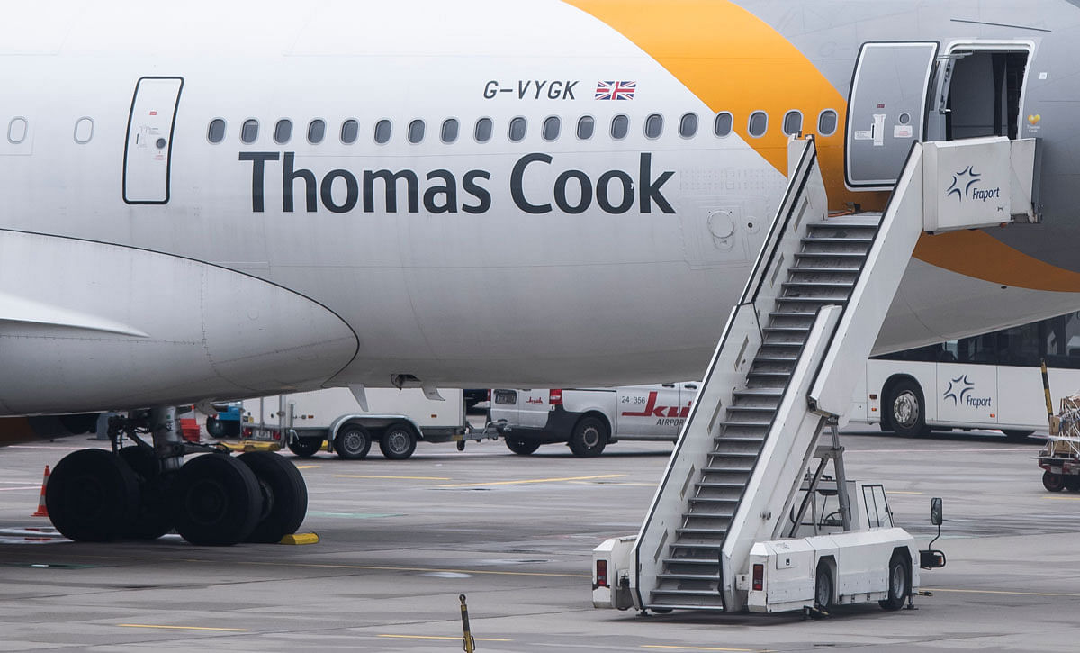 An airplane of British tour operator Thomas Cook is seen on 23 September 2019 at the airport in Frankfurt am Main, western Germany. Photo: AFP