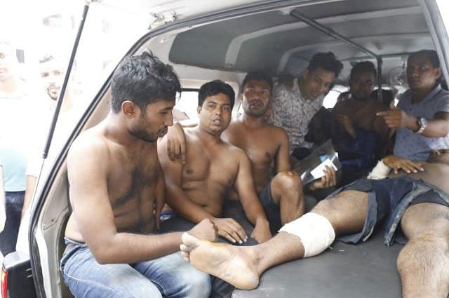Some of the injured leaders and activists of JCD are in ambulance. Photo: Shuvra Kanti Das
