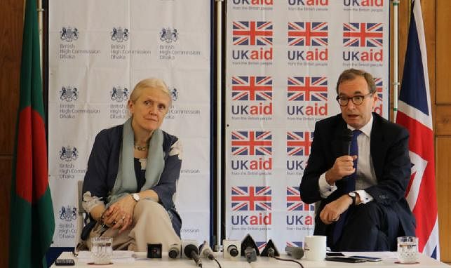 British high commissioner to Bangladesh Robert Chatterton Dickson and Head of DFID Bangladesh Judith Herbertson are seen at a media briefing at the residence of British high commissioner on 22 September 2019 Photo: UNB