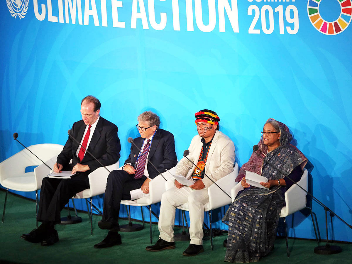 Prime minister Sheikh Hasina addresses Climate Action Summit at UNHQ in New York, US on Monday. Photo: PID
