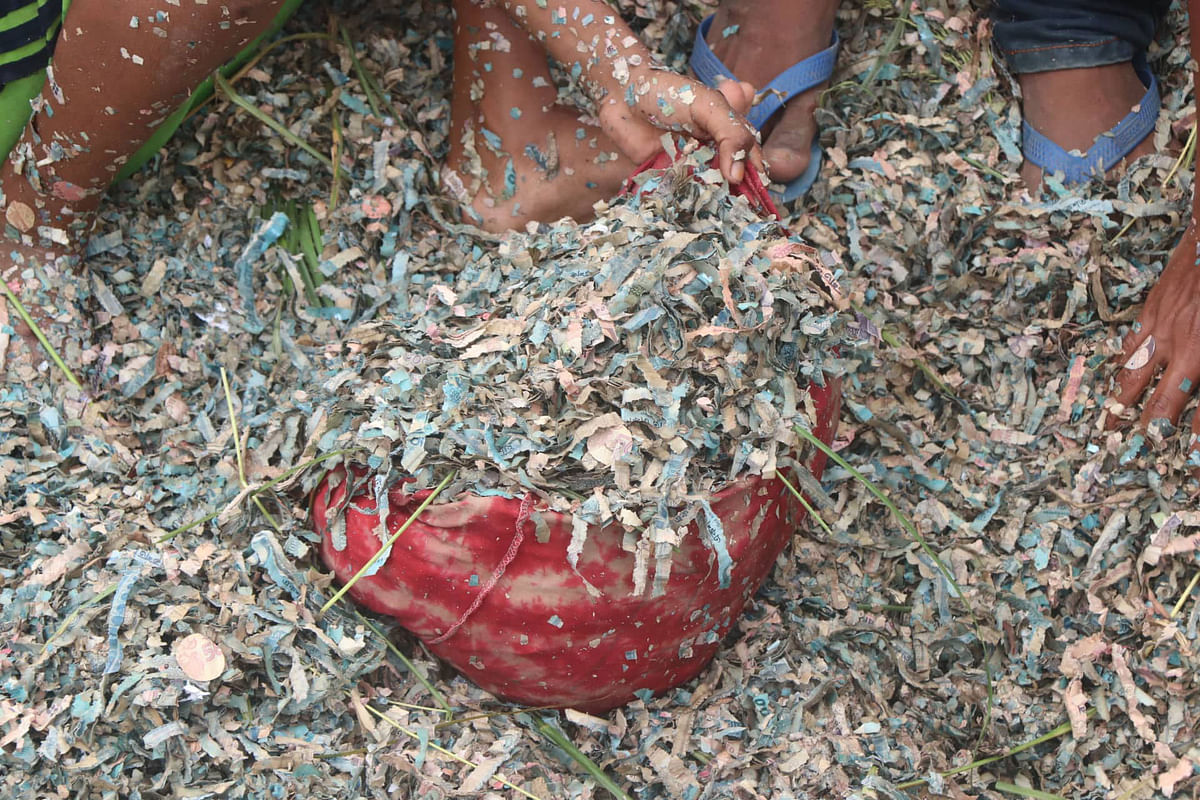 Shredded banknotes on roads and roadside ditch in Shahjahanpur of Bogura on 24 September, 2019. Photo: Soel Rana