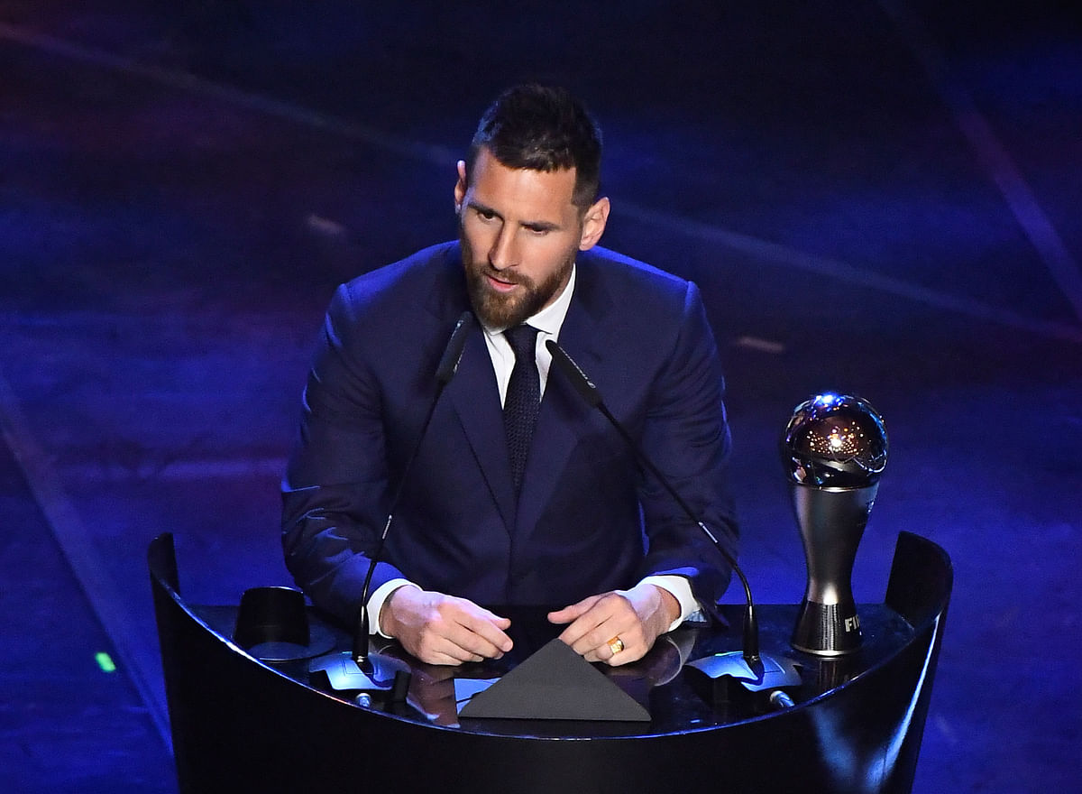 FC Barcelona`s Lionel Messi speaks after winning the Best FIFA Men`s player award in Teatro alla Scala, Milan, Italy on 23 September, 2019. Photo: Reuters