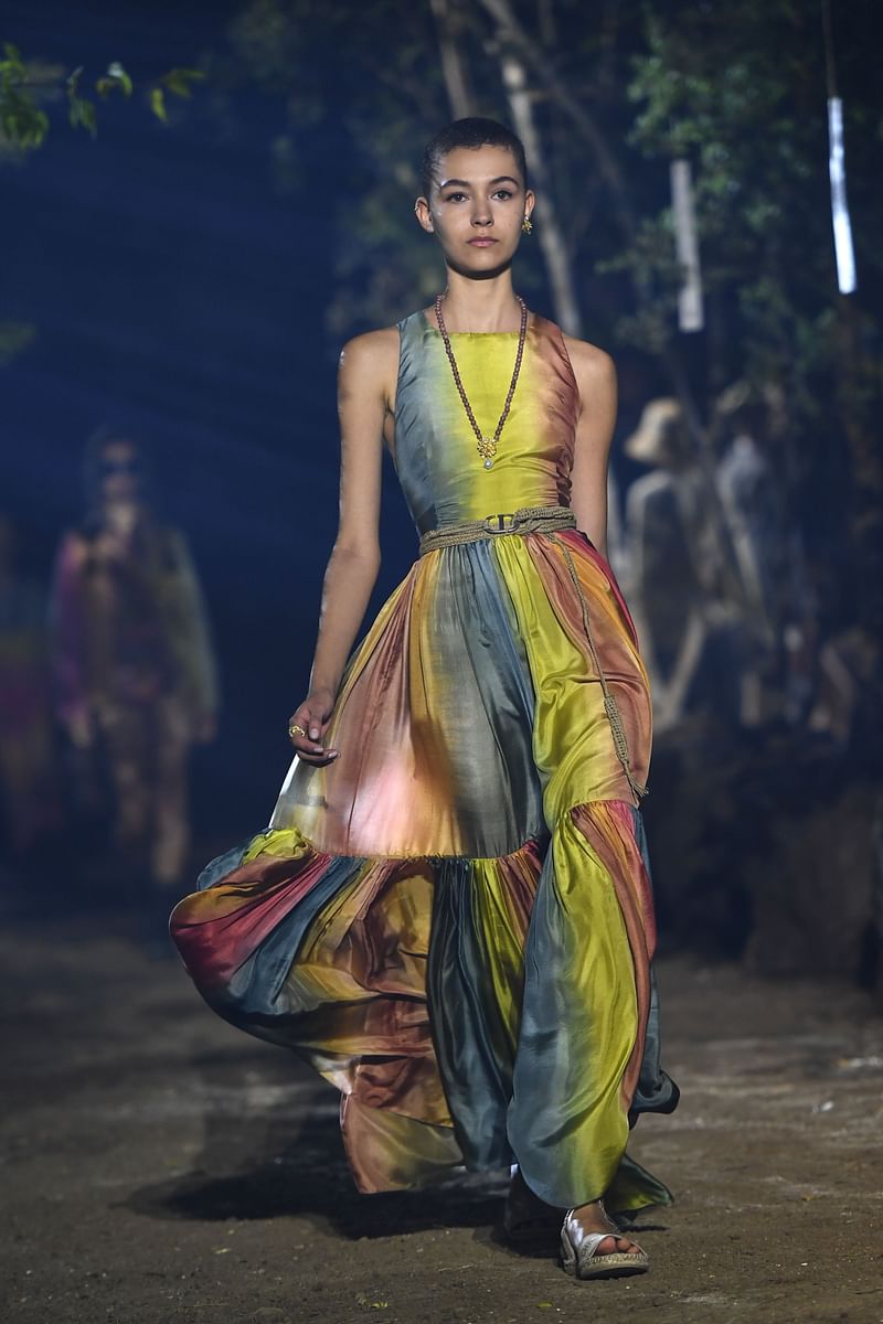 A model presents a creation by Maison Dior during the Women`s Spring-Summer 2020 Ready-to-Wear collection fashion show at the Hippodrome de Longchamps in Paris, on 24 September. Photo: AFP